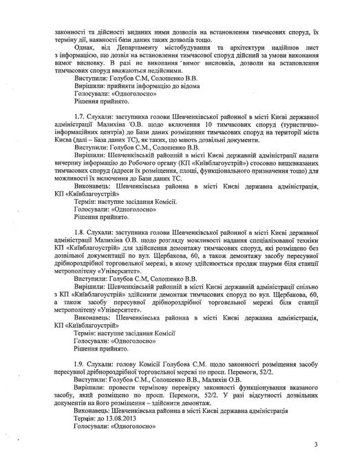 Протокол №7 від 07.08.2013 засідання Комісії з питань впорядкування, розміщення та демонтажу тимчасових споруд на території міста Києва