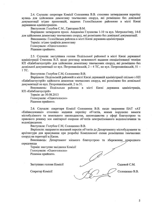 Протокол №6 від 30.07.2013 засідання Комісії з питань впорядкування, розміщення та демонтажу тимчасових споруд на території міста Києва