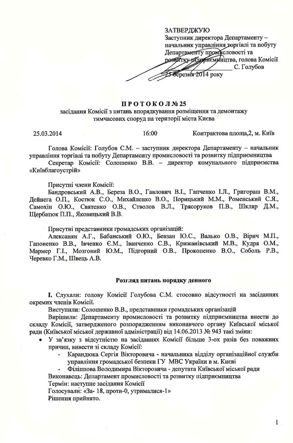 ПРОТОКОЛ №25 засідання Комісії з питань впорядкування розміщення та демонтажу тимчасових споруд на території міста Києва 25.03.2014 16:00 Контрактова площаД, м. Київ Голова Комісії: Голубов С.М. - заступник директора Департаменту - начальник управління торгівлі та побуту Департаменту промисловості та розвитку підприємництва  Секретар Комісії:	Солошенко В.В.	- директор комунального	підприємства  «Київблагоустрій»  Присутні члени Комісії:  Бандровський А.В., Береза В.О., Гавлович В.І., Гапченко І.Л., Григораш В.М., Дейнега О.П., Костюк С.О., Михайленко В.О., Порицький М.М., Роменський С.Я., Самохін О.Ю., Святенко О.В., Стволов В.Л., Трясоруков П.В., Шкляр Д.М., Щербатаж П.П., Яковицький В.В.  Присутні представники громадських організацій:  Алексанян А.Г., Бабанський О.Ю.,	Бевзан Ю.С., Валько О.В.,	Вірич	М.П.,  Гапоненко В.В., Івченко	Є.М., Іванченко	С.В., Крижанівський М.В.,	Кудря	О.М.,  Мармер Г.І., Мозговий	Ю.М., Підгорний О.В., Прокопенко В.О.,	Соболь	Р.В.,  Черевко Г.М., Швець А.В. І. Слухали: голову Комісії Голубова С.М. стосовно відсутності на засіданнях окремих членів Комісії.  Виступили: Солошенко В.В., представники громадських організацій Вирішили: Департаменту промисловості та розвитку підприємництва внести до складу Комісії, затвердженого розпорядженням виконавчого органу Київської міської ради (Київської міської державної адміністрації) від 14.06.2013 № 943 такі зміни:  • У зв’язку з відсутністю на засіданнях Комісії більше 3-ох разів без поважних причин, вивести зі складу Комісії:  -	Карандюка Сергія Вікторовича - начальника відділу організаційної служби управління громадської безпеки ГУ МВС України в м. Києві  -	Філіппова Володимира Вікторо вича - депутата Київської міської ради Виконавець: Департамент промисловості та розвитку підприємництва Термін: наступне засідання Комісії  Голосували: «За-18, проти-0, утрималися-1»  Рішення прийнято.