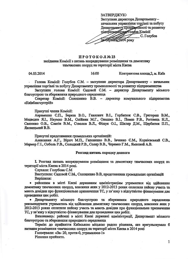 Протокол №23 від 04.03.2014 р. засідання Комісії з питань впорядкування, розміщення та демонтажу тимчасових споруд на території міста Києва