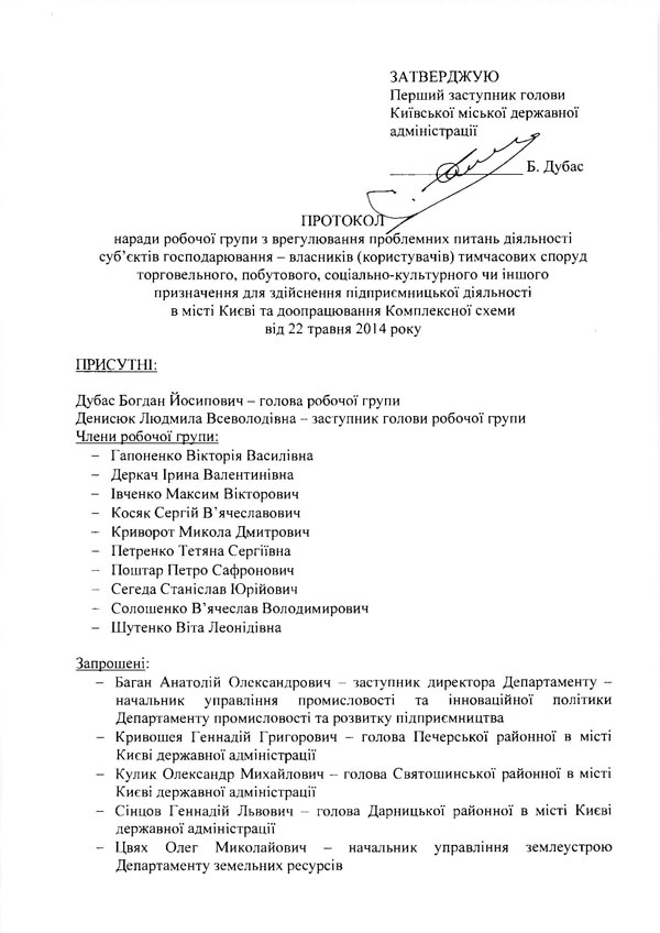 ПРОТОКОЛ наради робочої групи з врегулювання проблемних питань діяльності суб’єктів господарювання - власників (користувачів) тимчасових споруд торговельного, побутового, соціально-культурного чи іншого призначення для здійснення підприємницької діяльності в місті Києві та доопрацювання Комплексної схеми від 22 травня 2014 року  ПРИСУТНІ:  Дубае Богдан Йосипович - голова робочої групи  Денисюк Людмила Всеволодівна - заступник голови робочої групи  Члени робочої групи:  -	Гапоненко Вікторія Василівна  -	Деркач Ірина Валентинівна  -	Івченко Максим Вікторович  -	Косяк Сергій Вячеславович  -	Криворот Микола Дмитрович  -	Петренко Тетяна Сергіївна  -	Поштар Петро Сафронович  -	Сегеда Станіслав Юрійович  -	Солошенко В’ячеслав Володимирович  -	Шутенко Віта Леонідівна  Запрошені:  -	Баган Анатолій Олександрович - заступник директора Департаменту -начальник управління промисловості та інноваційної політики Департаменту промисловості та розвитку підприємництва  -	Кривошея Геннадій Григорович - голова Печерської районної в місті Києві державної адміністрації  -	Кулик Олександр Михайлович - голова Святошинської районної в місті Києві державної адміністрації  -	Сінцов Геннадій Львович - голова Дарницької районної в місті Києві державної адміністрації  -	Цвях Олег Миколайович - начальник управління землеустрою Департаменту земельних ресурсів