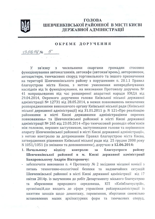 ГОЛОВА  ШЕВЧЕНКІВСЬКОЇ РАЙОННОЇ В МІСТІ КИЄВІ ДЕРЖАВНОЇ АДМІНІСТРАЦІЇ ОКРЕМЕ ДОРУЧЕННЯ У зв'язку з чисельними скаргами громадян стосовно функціонування автомагазинів, автокафе (автокав'ярень), авторозвозок, автоцистерн, тимчасових споруд торговельного та іншого призначення на території Шевченківського району з порушенням п. 20.1.1 Правил благоустрою міста Києва, з метою уникнення непередбачуваних наслідків від їх функціонування, на виконання Протоколу доручень № 41 напрацьованих під час розширеної апаратної наради КМДА від 29.04.2014, Окремого доручення голови Київської міської державної адміністрації № 12731 від 28.05.2014, в межах повноважень визначених розпорядженнями виконавчого органу Київської міської ради (Київської міської державної адміністрації) від 31.01.2011 p. N 121«Про реалізацію районними в місті Києві державними адміністраціями окремих повноважень» та Шевченківської районної в місті Києві державної адміністрації № 265 від 23.05.2014 «Про тимчасовий розподіл обов'язків між головою, першим заступником, заступниками голови та керівником апарату Шевченківської районної в місті Києві державної адміністрації», з метою контролю за дотриманням Правил благоустрою міста Києва, затверджених рішенням Київської міської ради від 25 грудня 2008 року N 1051/1051 (із змінами та доповненнями), доручаю з 12.06.2014:  1.	Начальнику відділу контролю за благоустроєм району Шевченківської районної в м. Києві державної адміністрації Бандровському Андрію Вікторовичу:  -	забезпечити виконання п. 4 Протоколу № 2 засідання місцевої комісії з питань техногенно-екологічної безпеки та надзвичайних ситуацій Шевченківської районної в місті Києві державної адміністрації від 17 квітня 2014р. із залученням до робіт Департаменту міського благоустрою та збереження природного середовища, КП «Київблагоустрій», організаційно входять до сфери управління райдержадміністрації із вжиттям заходів щодо демонтажу, перевезення, зберігання самовільно встановлених малих архітектурних форм та тимчасових споруд,