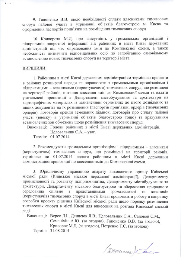 9.	Гапоненко В.В. щодо необхідності сплати власниками тимчасових споруд пайової участі в утриманні об’єктів благоустрою м. Києва та оформлення паспортів прив’язки на розміщення тимчасових споруд  10 Криворота М.Д. про відсутність у громадських організацій і підприємців зворотної інформації від районних в місті Києві державних адміністрацій під час опрацювання змін до Комплексної схеми, а також необхідність визначити відповідальних осіб по запобіганню самовільному встановленню нових тимчасових споруд на території міста  ВИРІШИЛИ:  1.	Районним в місті Києві державним адміністраціям терміново провести в районах розширені наради та опрацювати з громадськими організаціями і підприємцями - власниками (користувачами) тимчасових споруд, що розміщені на території районів, питання внесення змін до Комплексної схеми та надати узагальнені пропозиції в Департамент містобудування та архітектури на картографічних матеріалах із зазначенням отриманих до цього дозвільних та інших документів на їх розміщення (паспортів прив’язки, ордерів (тимчасових ордерів), договорів оренди земельних ділянок, договорів про сплату пайової участі (внеску) в утриманні об’єктів благоустрою тощо) та врахуванням встановлених зон обмежень щодо розміщення тимчасових споруд.  Виконавці: Голови районних в місті Києві державних адміністрацій, Целовальник С.А. - узаг.  Термін: 01.07.2014  2.	Рекомендувати громадським організаціям і підприємцям - власникам (користувачам) тимчасових споруд, що розміщені на території районів, терміново до 01.07.2014 надати районним в місті Києві державним адміністраціям пропозиції по внесенню змін до Комплексної схеми.  3.	Юридичному управлінню апарату виконавчого органу Київської міської ради (Київської міської державної адміністрації), Департаменту промисловості та розвитку підприємництва, Департаменту містобудування та архітектури, Департаменту міського благоустрою та збереження природного середовища спільно з представниками громадськості та власників (користувачів) тимчасових споруд в місті Києві продовжити роботу в напрямку розробки проекту рішення Київської міської ради щодо порядку розміщення тимчасових споруд в місті Києві для винесення на розгляд Київській міській раді.  Виконавці: Верес Л.І., Денисюк Л.В., Целовальник С.А., Садовой С.М., Семеніхін А.Ю. (за згодою), Гапоненко В.В. (за згодою), Криворот М.Д. (за згодою), Петренко Т.С. (за згодою)  Термін: 31.08.2014