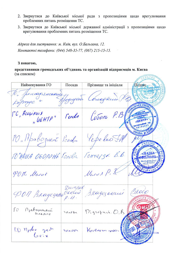 Лист громадських організацій підприємців м. Києва №263 від 26.11.2014 до київського міського голови В. Кличка з пропозиціями щодо впорядкування ситуації з ТС